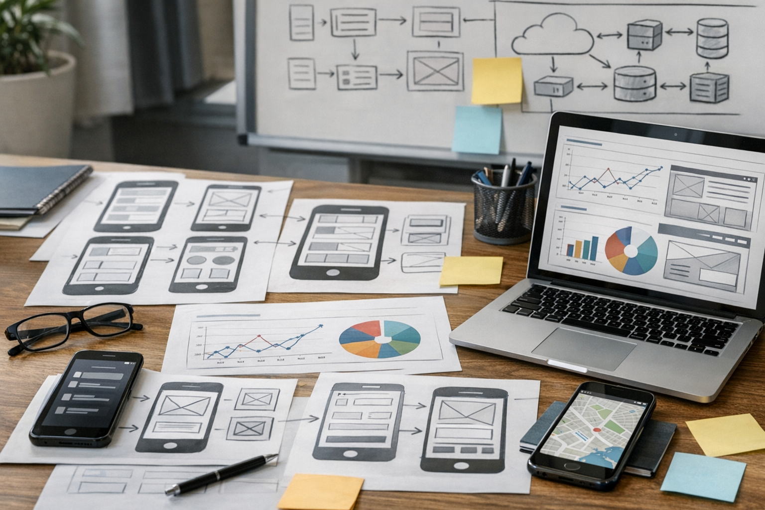 لقطة قريبة واقعية لمساحة عمل تُظهر تخطيط منتج لتطوير برمجيات الجوال والويب، نماذ...