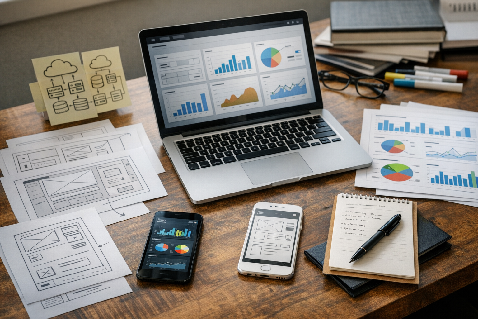 Realistisk nærbillede af arbejdsplads med produktplanlægning til mobil- og webso...