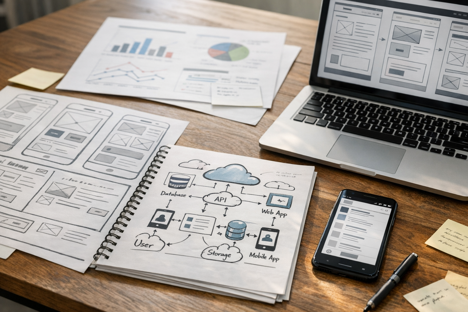 モバイルおよびWebソフトウェア開発のプロダクト企画を写したリアルなワークスペースのクローズアップ。UXワイヤーフレーム、分析チャート、クラウドアーキテクチャの...