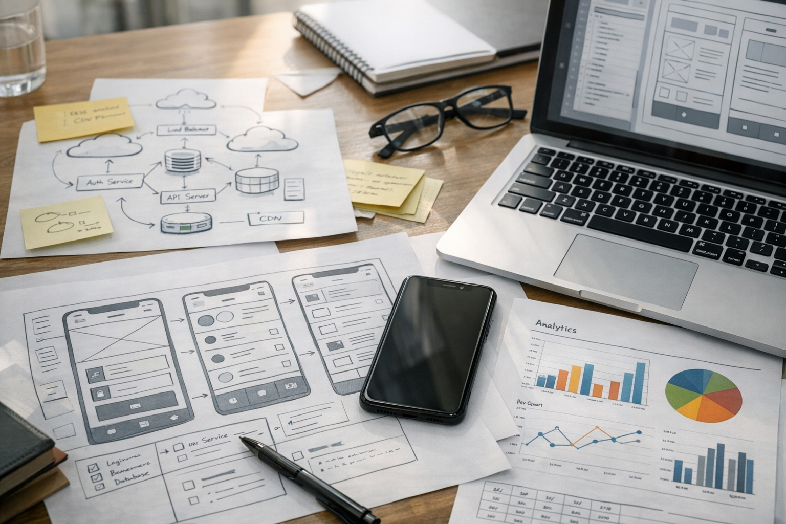 모바일 및 웹 소프트웨어 개발을 위한 제품 기획 작업 공간의 사실적인 클로즈업, UX 와이어프레임, 분석 차트, 클라우드 아키텍처 메모, 책상 ...