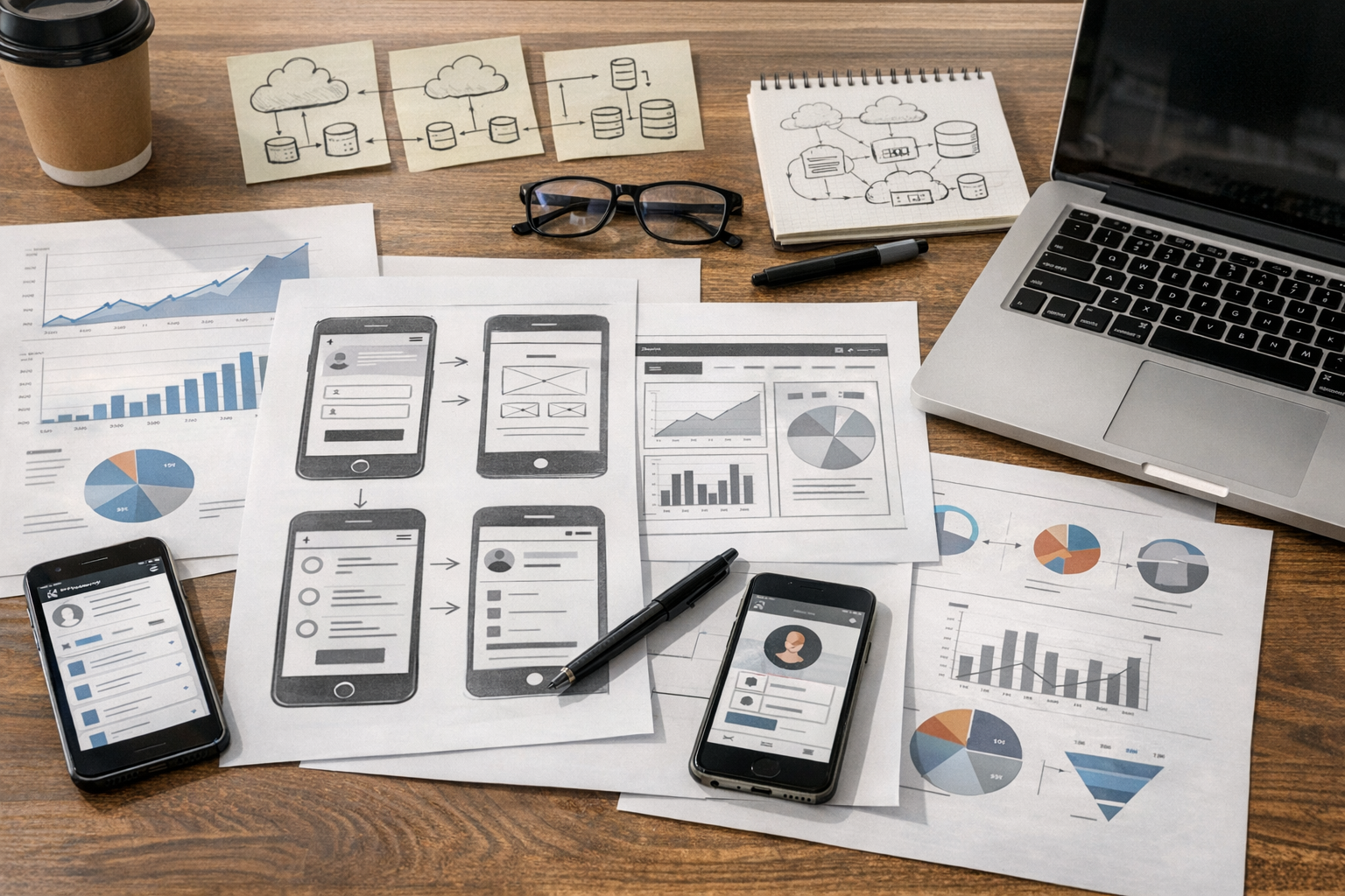 Realistyczne zbliżenie przestrzeni roboczej pokazujące planowanie produktu dla r...