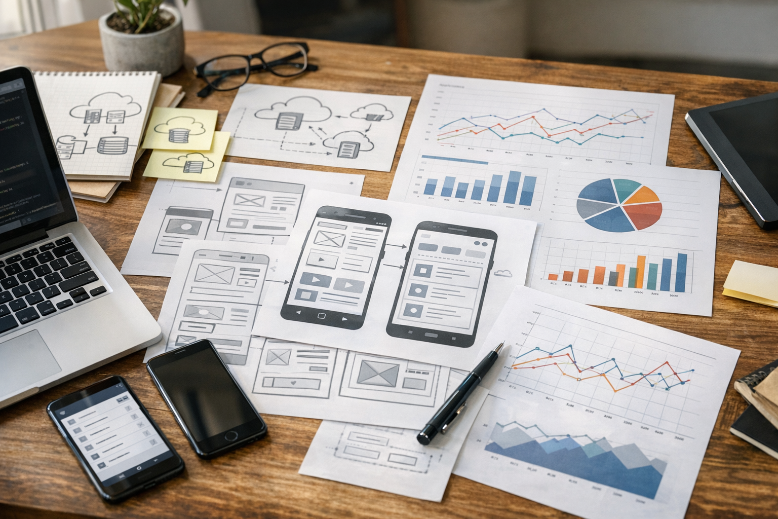 Mobil ve web yazılım geliştirme için ürün planlamasını gösteren gerçekçi yakın p...