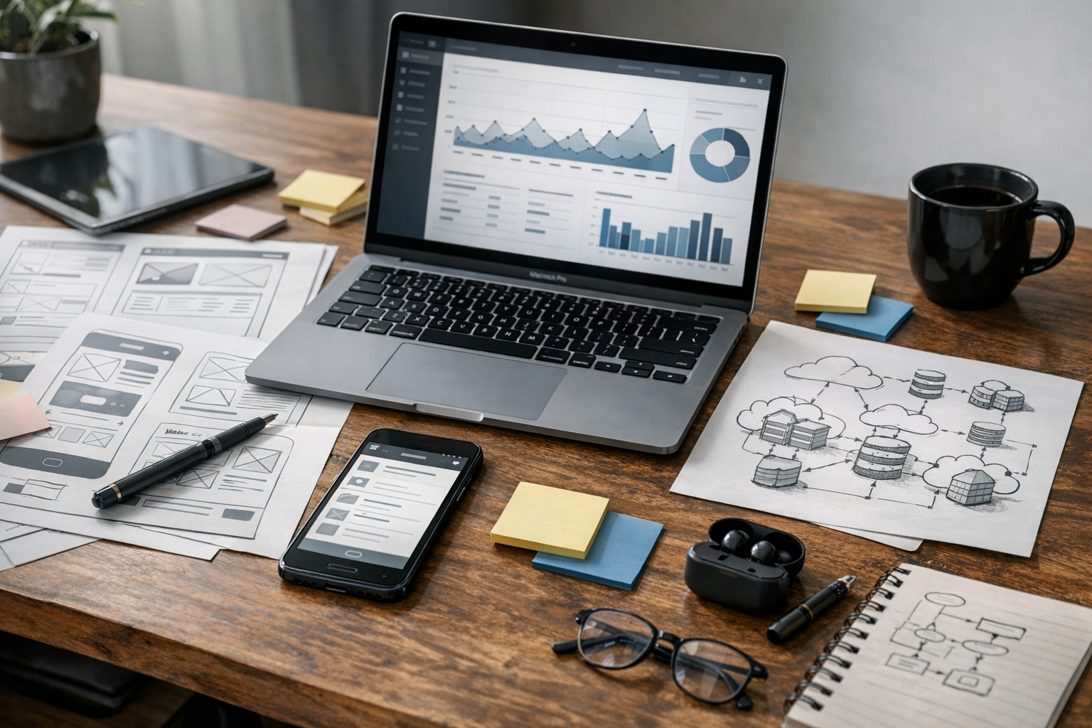 Close-up ruang kerja realistis yang menampilkan perencanaan produk untuk pengemb...