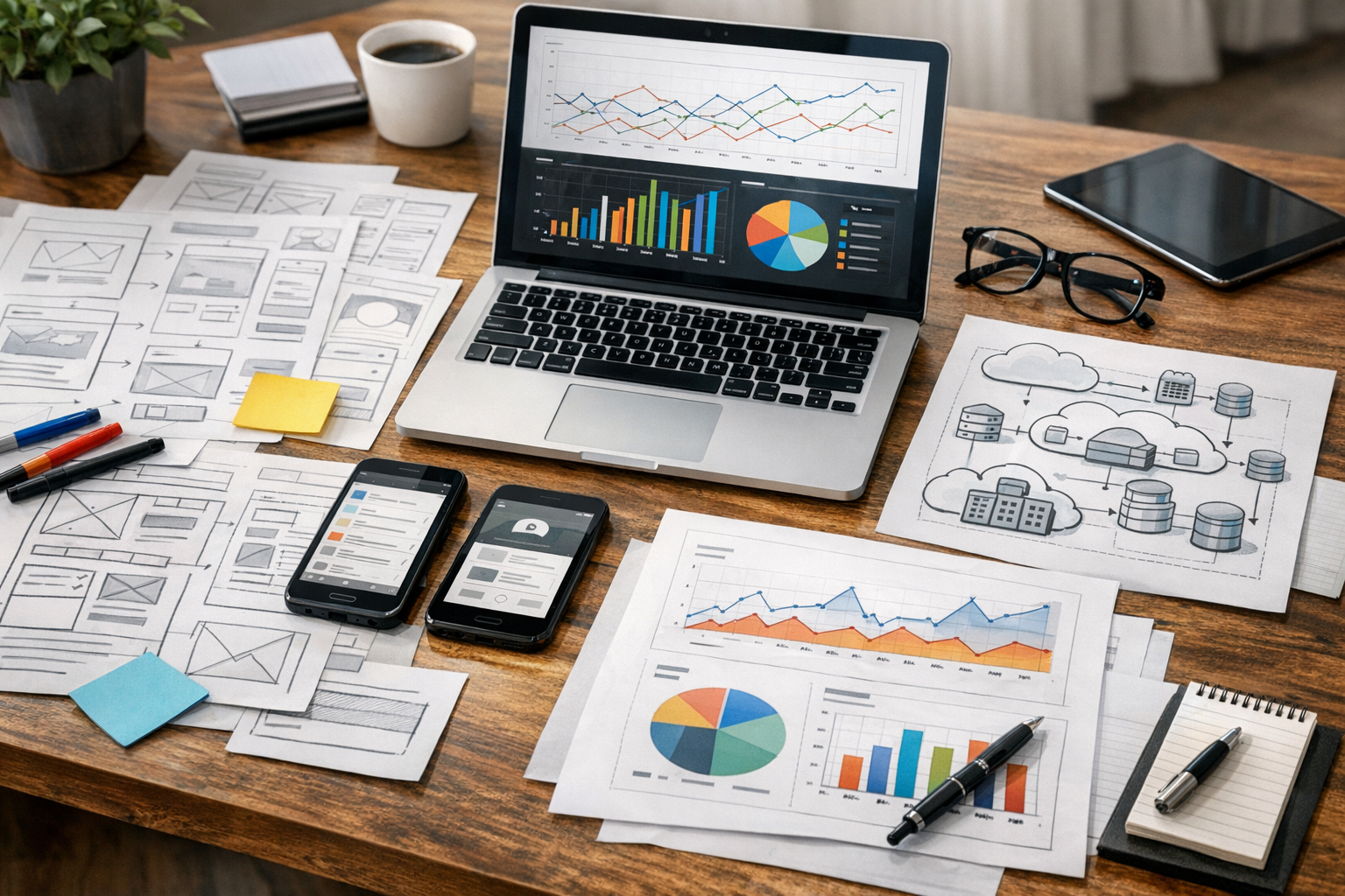 Gros plan réaliste d’un espace de travail montrant la planification produit pour...