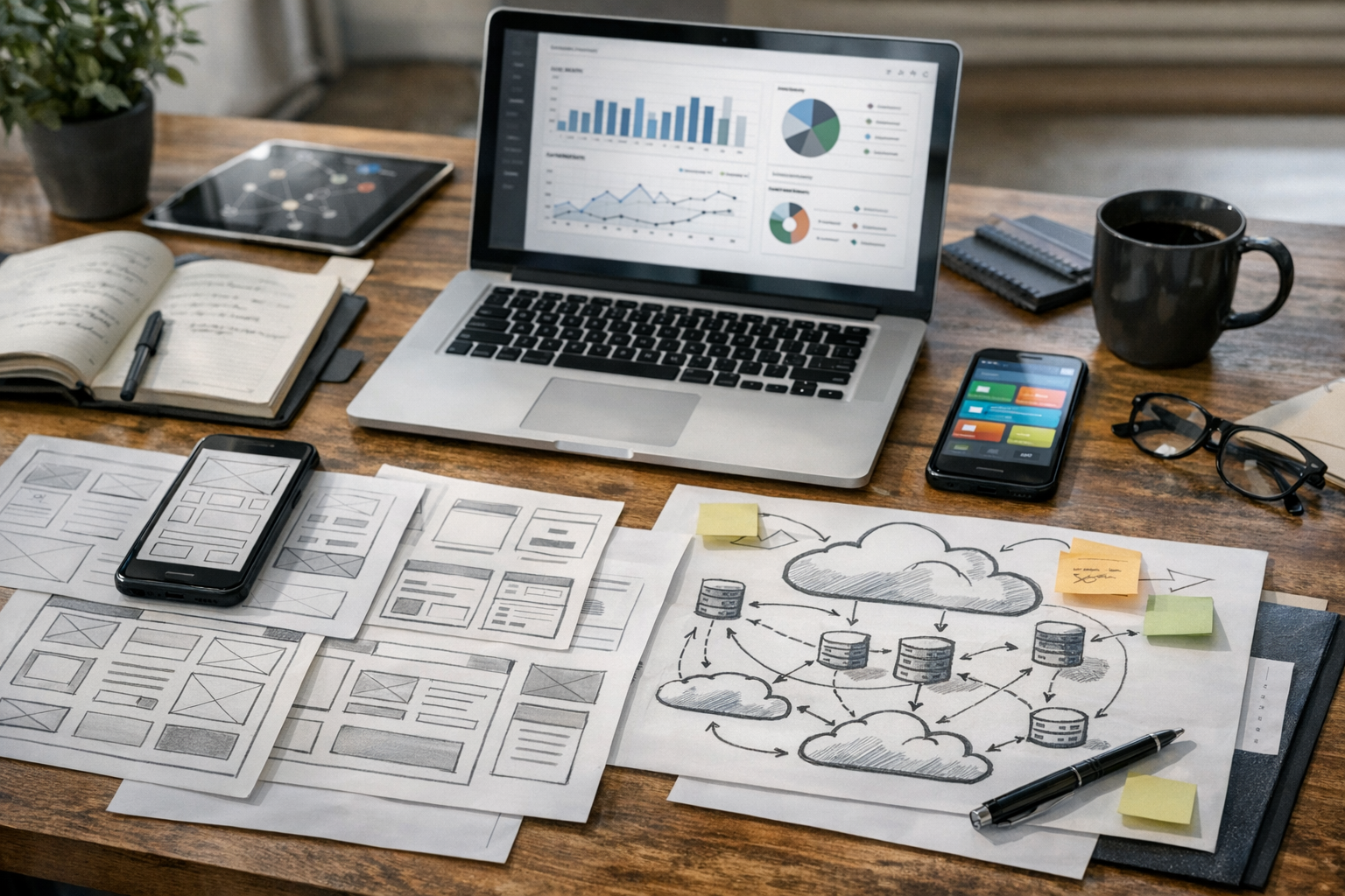 צילום תקריב ריאליסטי של סביבת עבודה המציגה תכנון מוצר לפיתוח תוכנה למובייל ולווב...