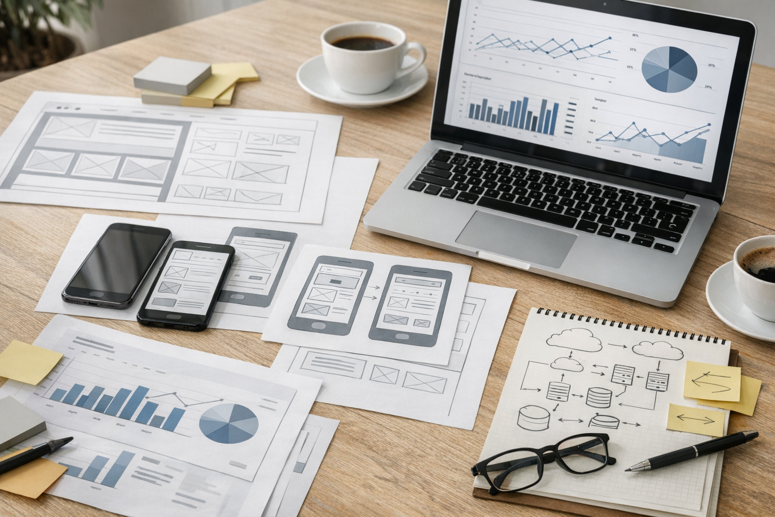 Realistische close-up van een werkplek met productplanning voor mobiele en webso...