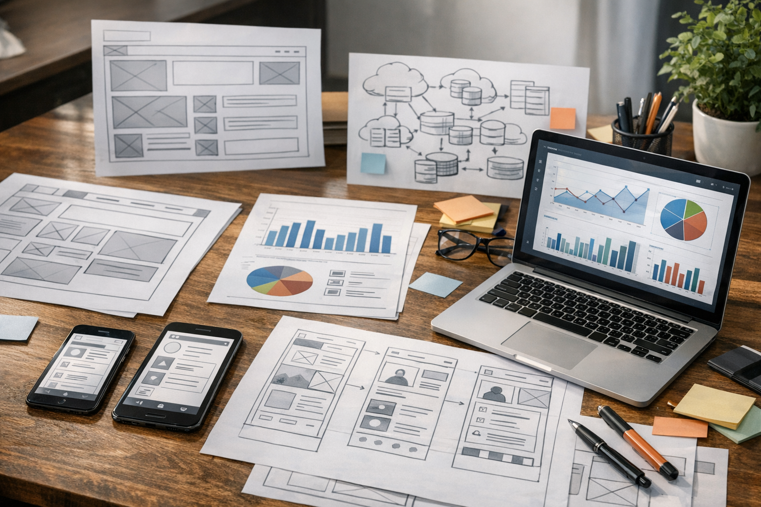 Реалистичное рабочее пространство крупным планом, показывающее планирование моби...