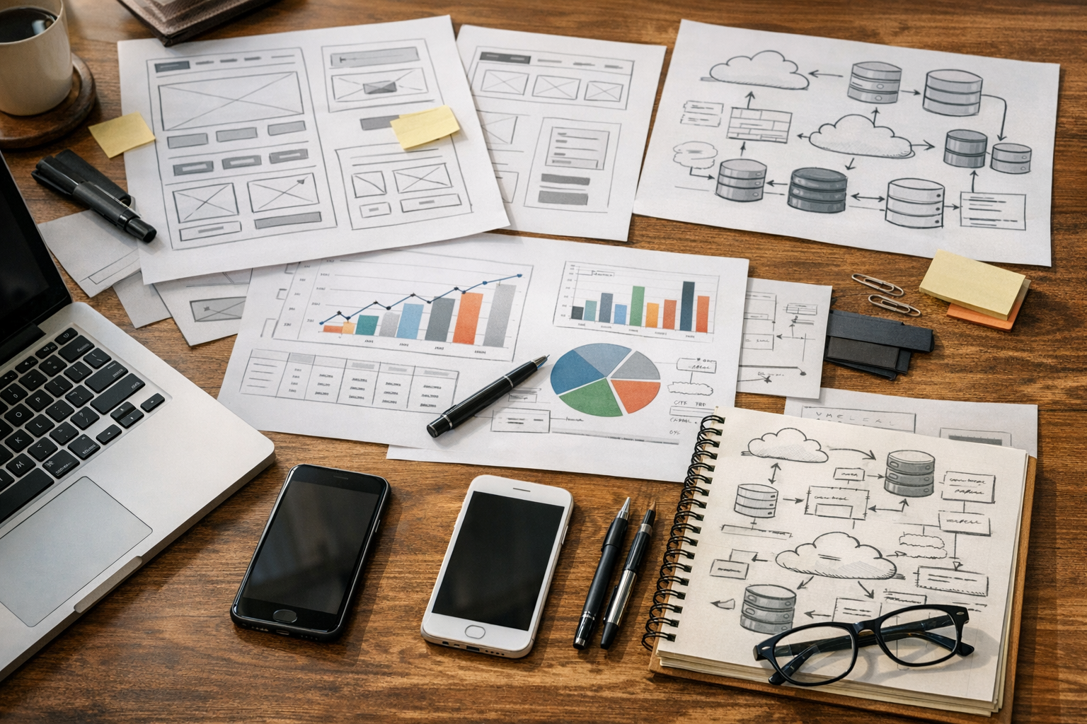 Närbild av realistisk arbetsyta som visar produktplanering för mobil- och webbut...