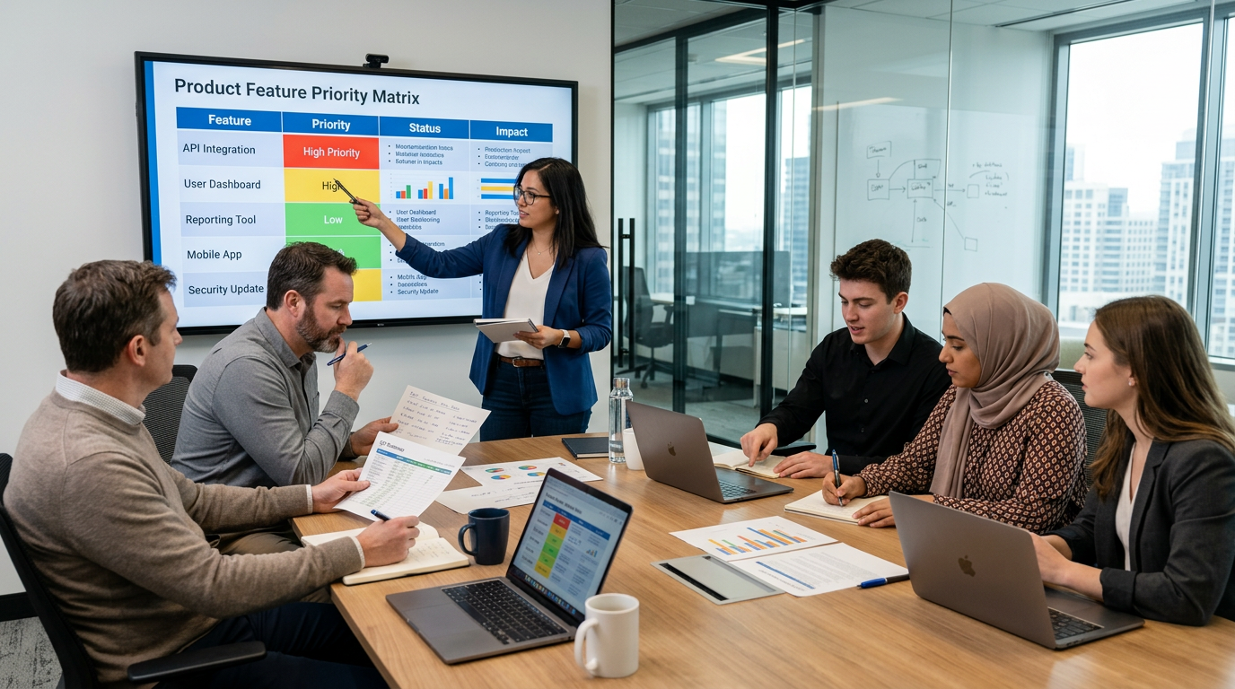 Equipe de negócios em uma sala de reunião comparando prioridades de funcionalidades do produto em uma tela digital...