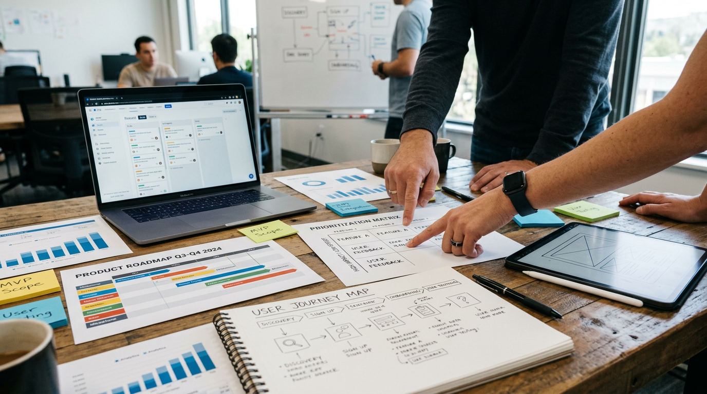 Close-up de um espaço de planejamento de produto com documentos de roadmap, esboços da jornada do usuário...