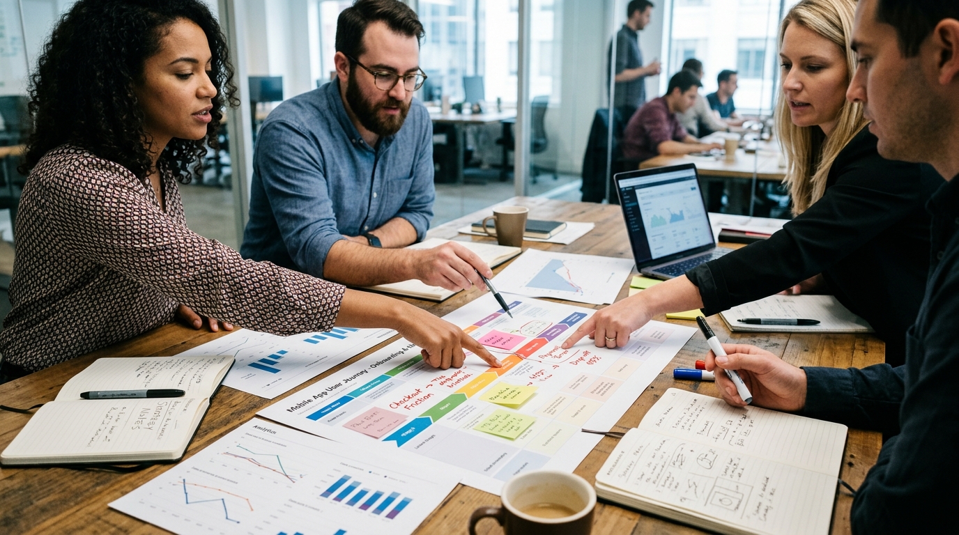 产品战略工作坊桌面，上面摆放着打印好的用户旅程图和数据分析图表