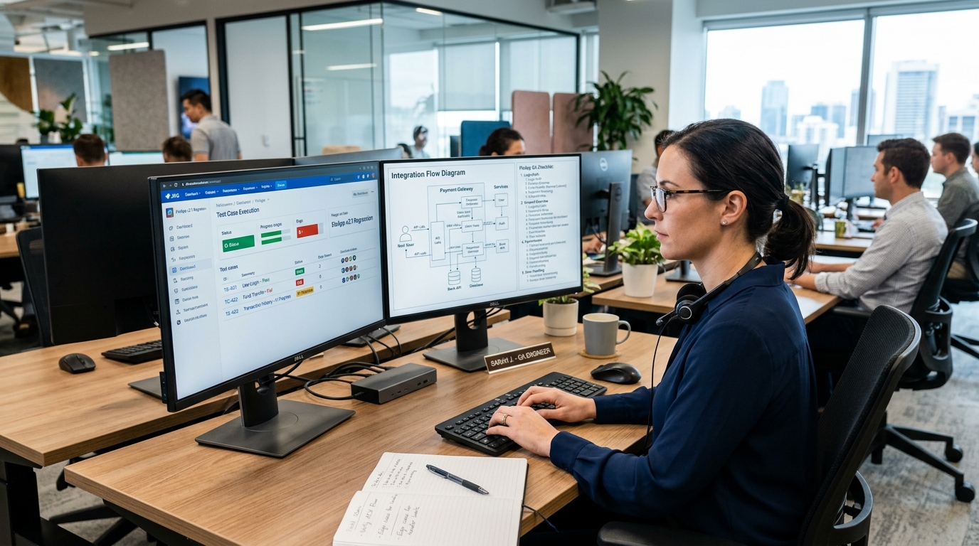 质量保障工程师在双显示器上审查金融应用测试用例