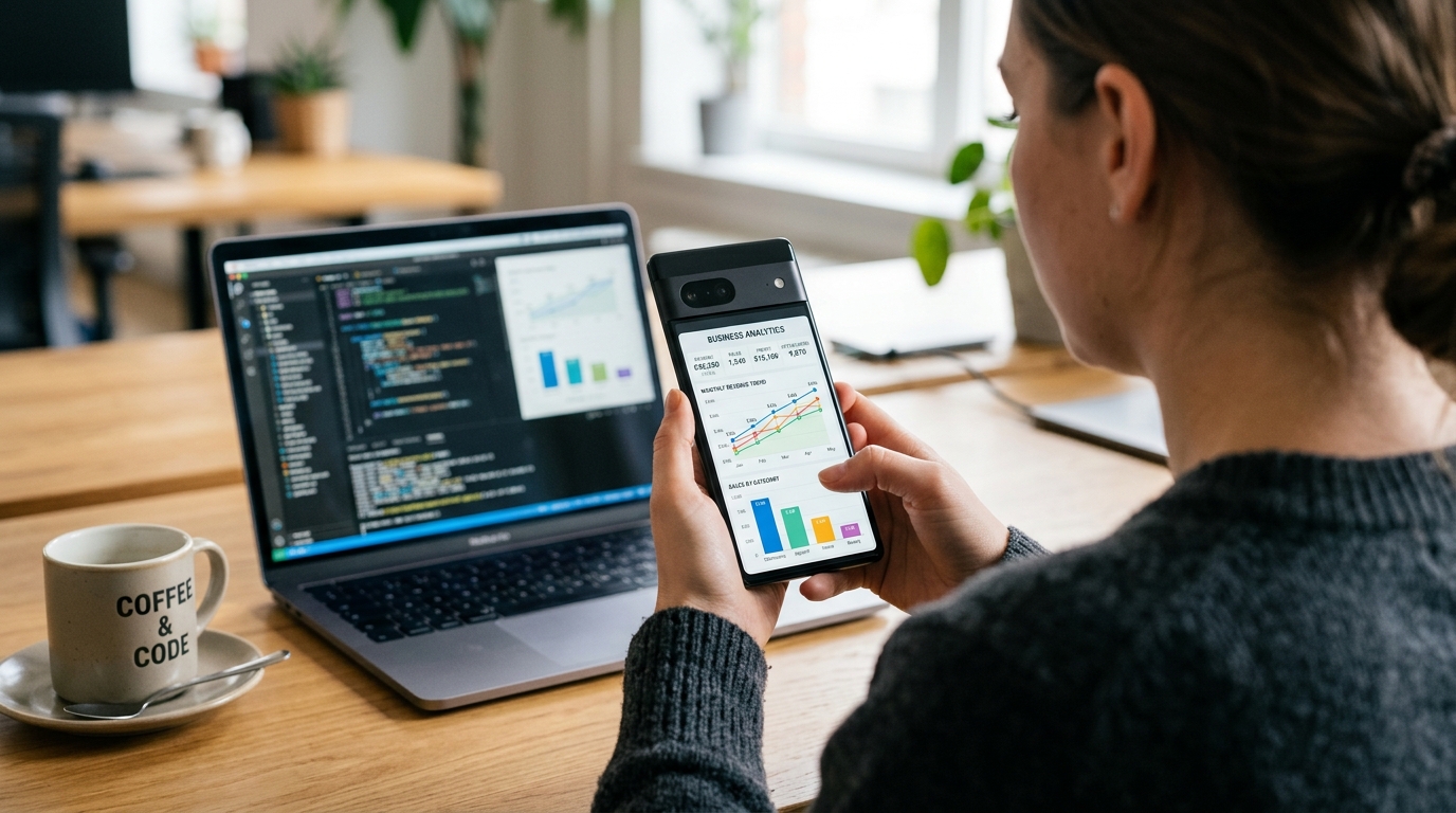 A close-up over-the-shoulder shot of a person using a mobile phone to manage business expenses and financial data.