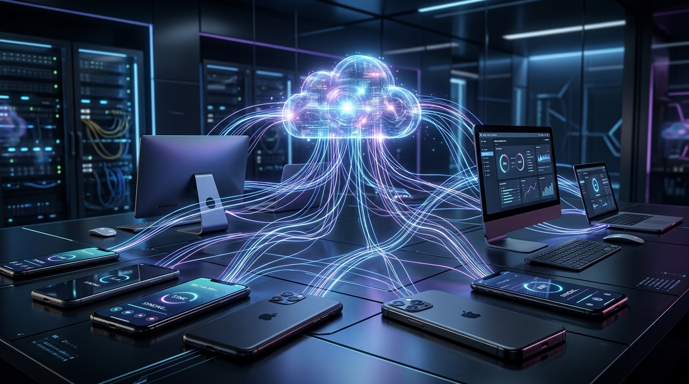 A conceptual abstract representation of cloud data synchronization, showing glowing nodes connecting mobile and desktop devices.