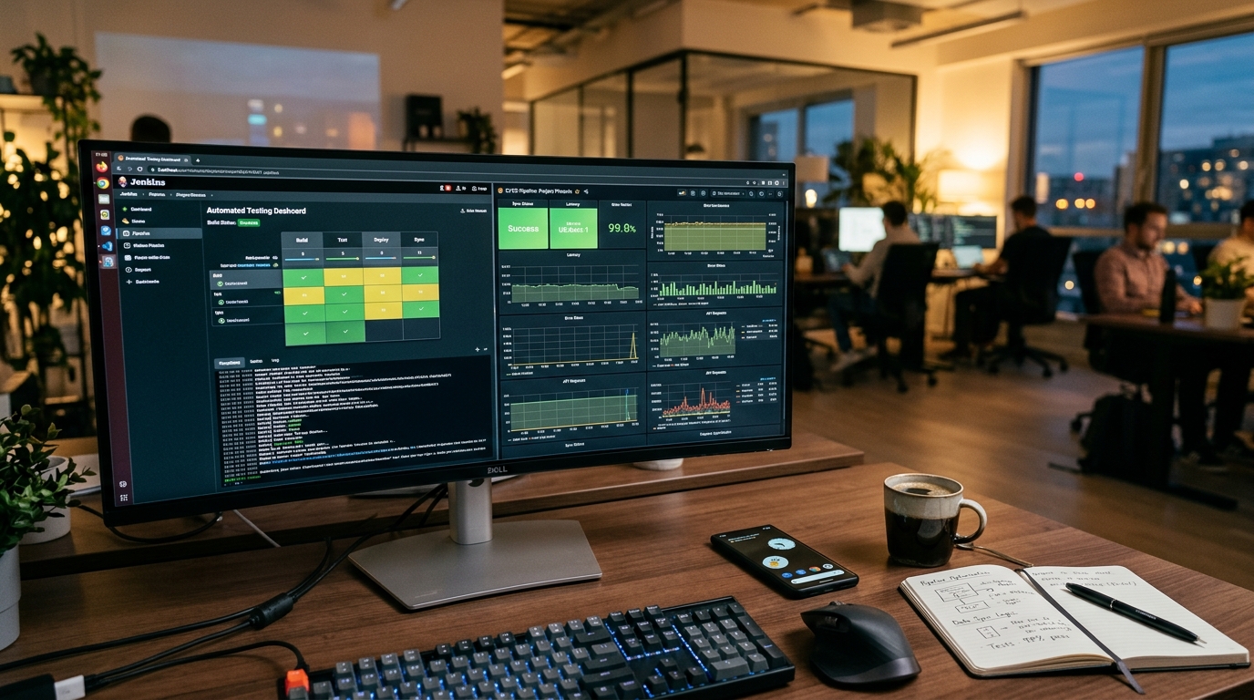 最新のデスクトップモニターに自動テストパイプラインが表示された高級感のあるソフトウェア開発ワークスペース