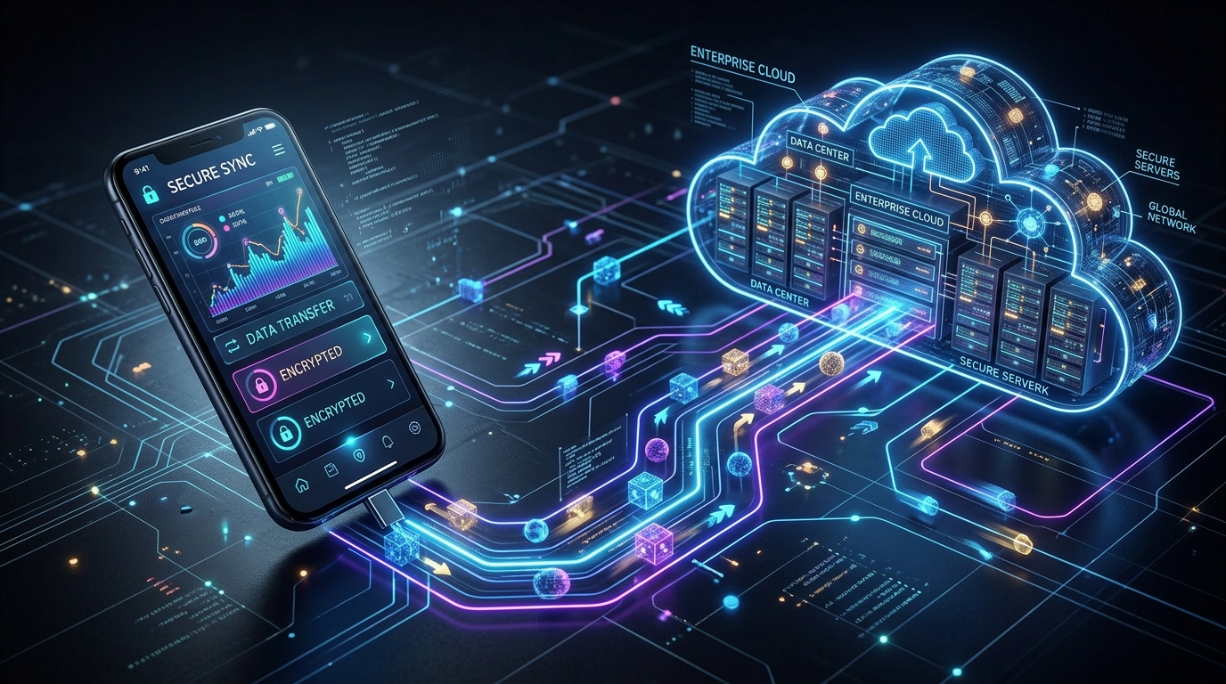 モバイルデバイスと企業クラウドサーバー間のデータフローを可視化した抽象的なイメージ