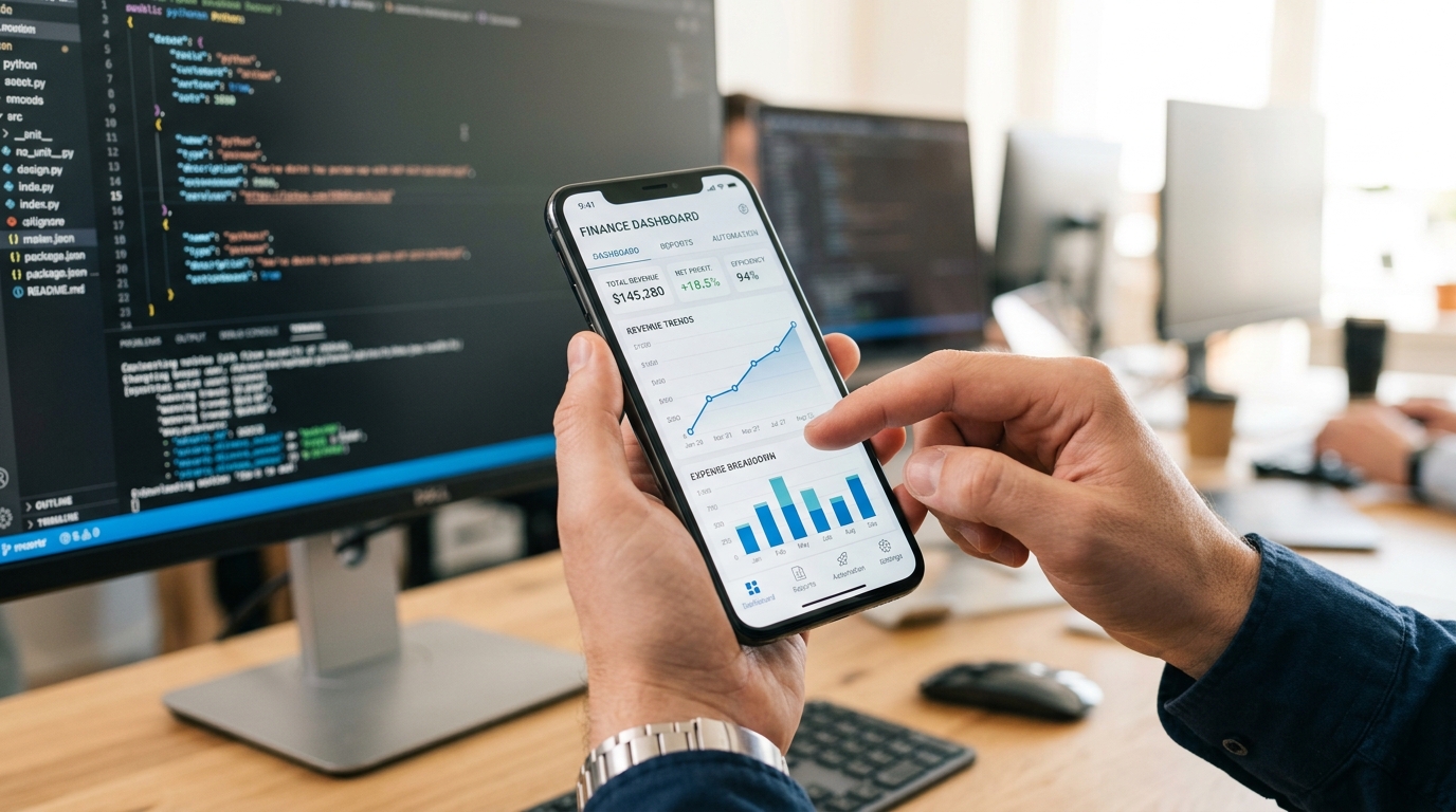 Aydınlık ve profesyonel bir ofis ortamında modern bir akıllı telefon tutan bir kişinin ellerinin yakın çekimi