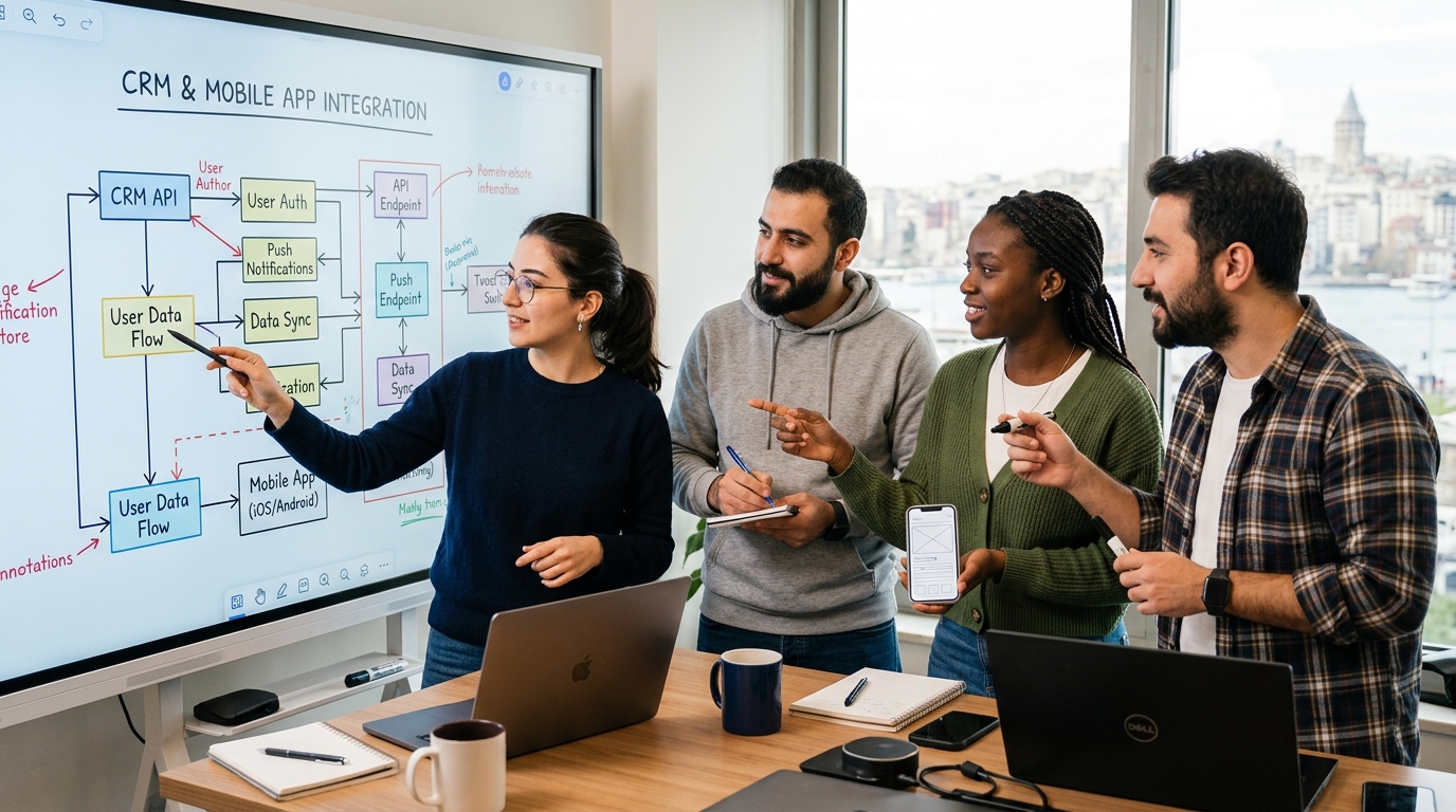 İstanbul'daki aydınlık bir ofiste çalışan çeşitli uzmanlardan oluşan profesyonel bir yazılım geliştirme ekibinin yakın plan çekimi