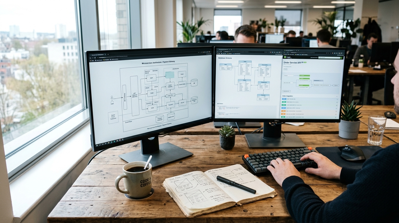 软件架构师在笔记本电脑上查阅技术规划文档。