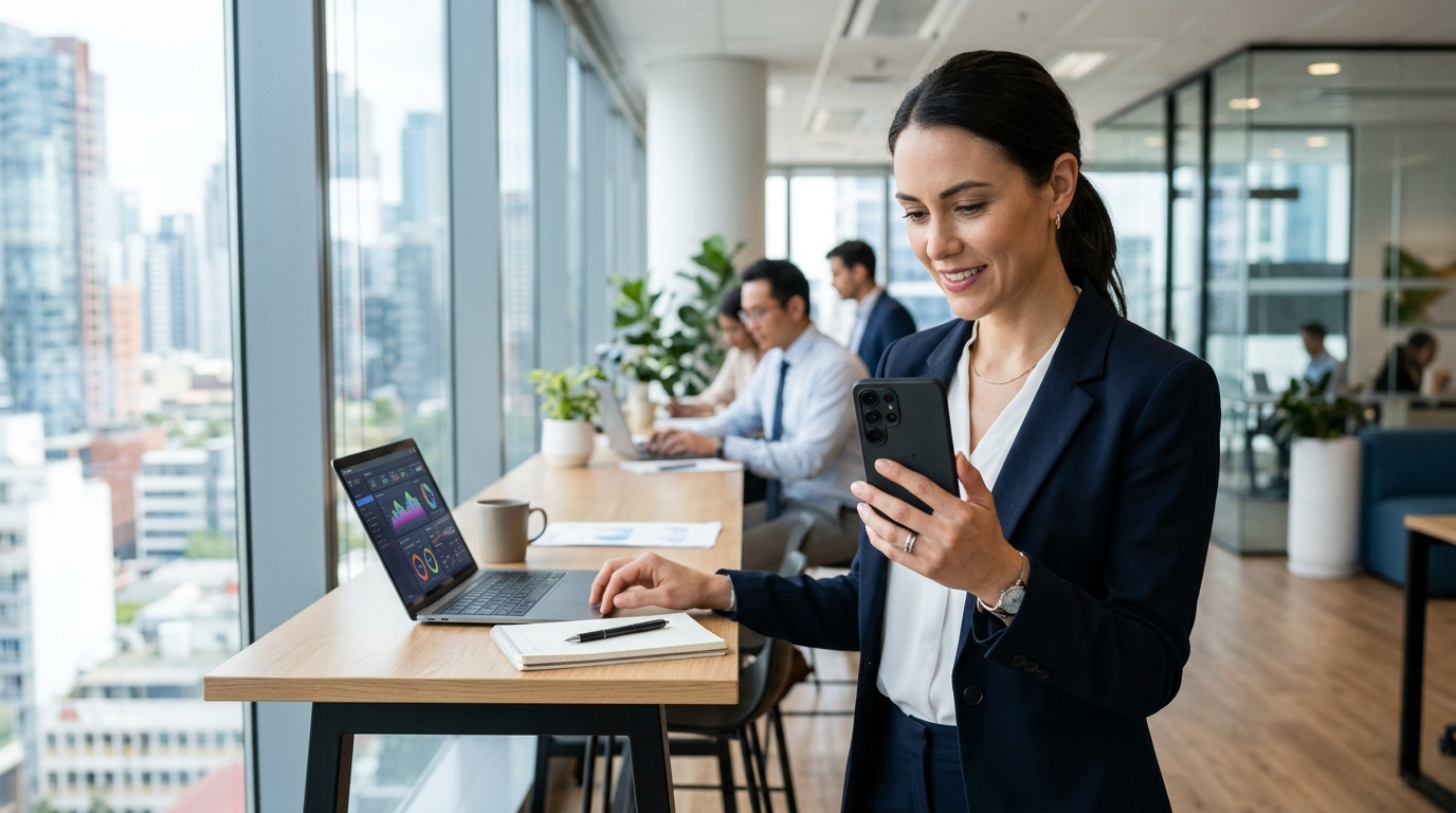 专业人士在智能手机上查看分析数据。