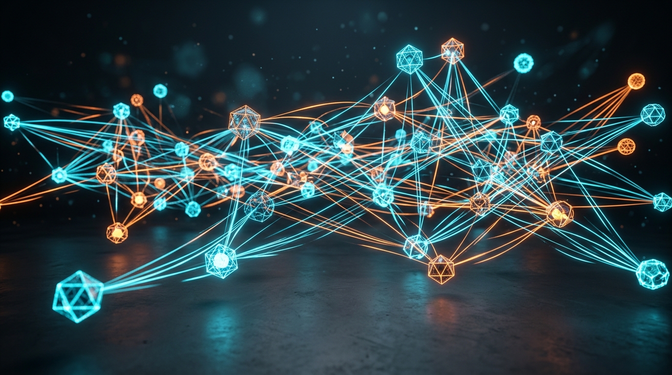 데이터 상호운용성, 클라우드 노드 및 API 연결을 나타내는 추상적인 고품질 3D 렌더링.