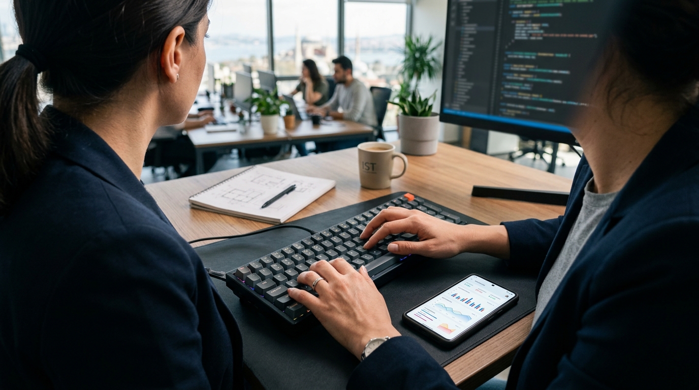 태블릿에서 모바일 애플리케이션 인터페이스를 조작하고 있는 소프트웨어 솔루션 아키텍트의 손을 어깨 너머에서 찍은 클로즈업 샷.