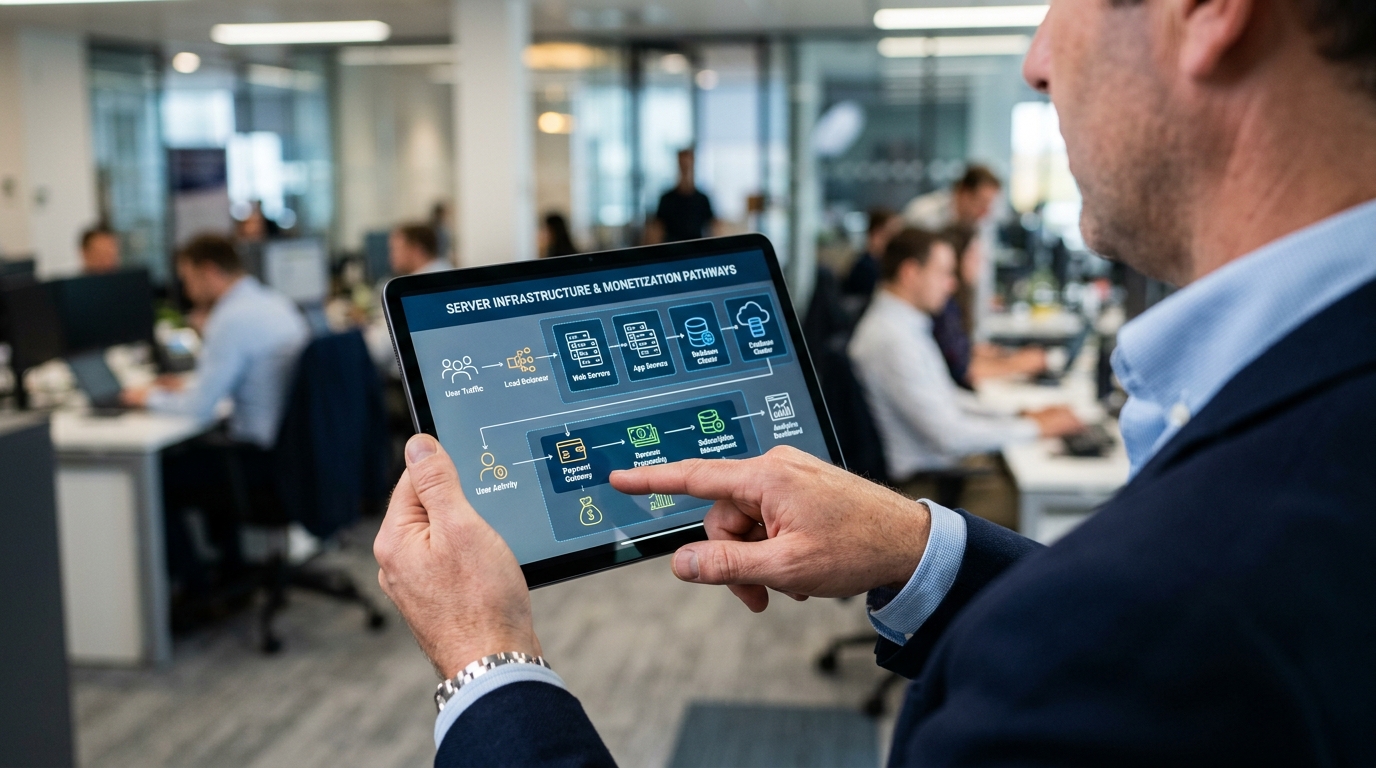 ארכיטקט פתרונות מצביע על דיאגרמות ארכיטקטורת תוכנה במהלך פגישת אסטרטגיה.