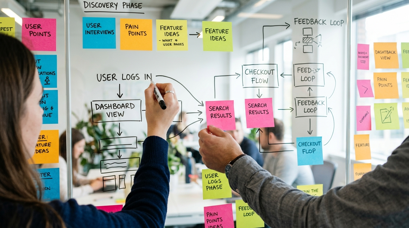 Uma visão aproximada de uma sessão colaborativa de pesquisa de usuários. Mãos são vistas organizando post-its.