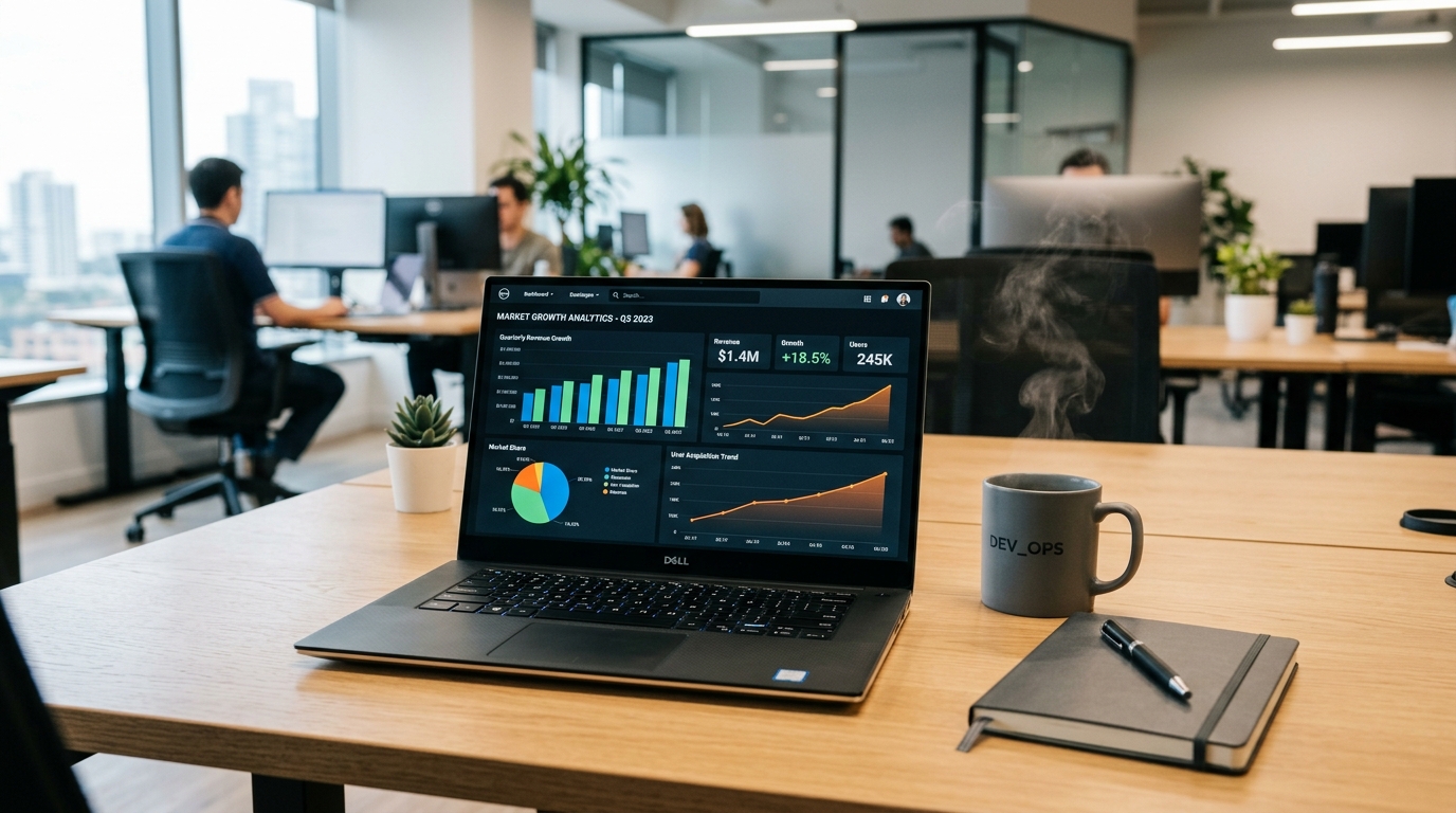 Um laptop de alta qualidade sobre uma mesa de madeira limpa, exibindo um painel de controle sofisticado.