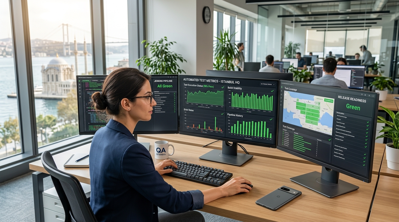 Een professionele QA-engineer die testresultaten analyseert in een modern kantoor.