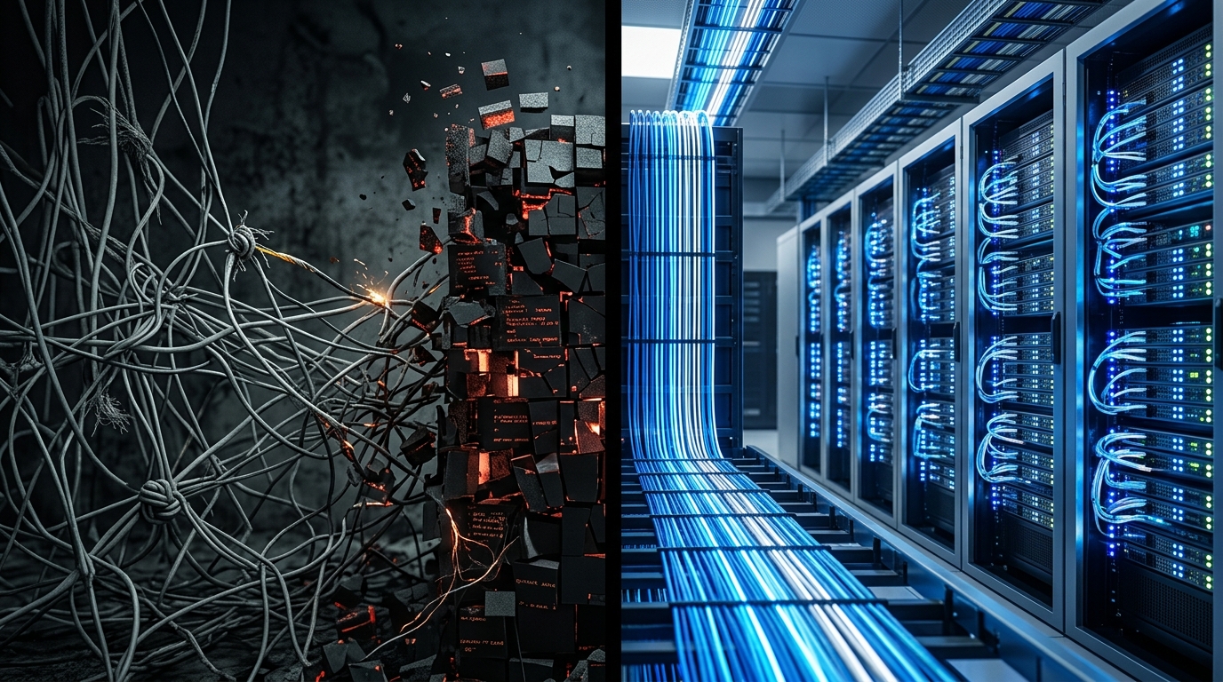Conceptuele splitsing. Links een chaotisch web van grijze draden, rechts gestructureerde dataservers.
