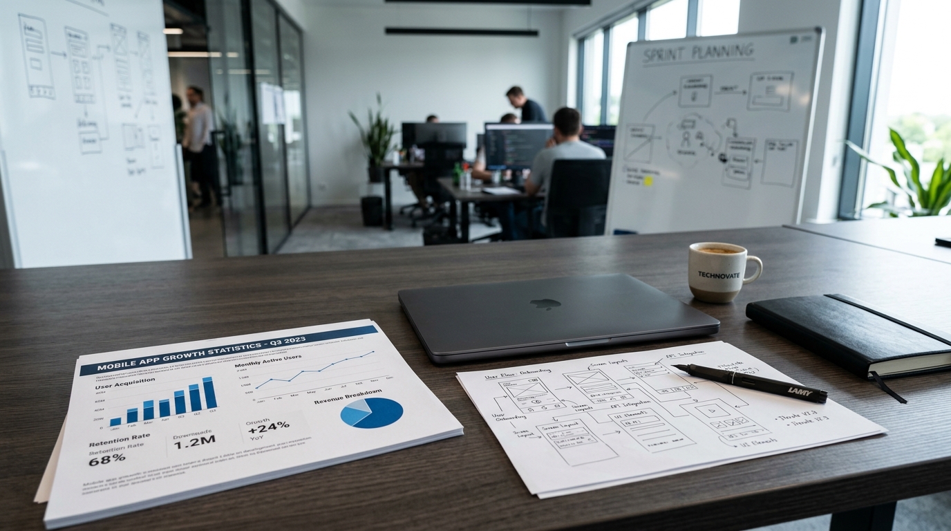 Et nærbillede af et organiseret skrivebord i et professionelt tech-studie med en bærbar computer, der viser en projekt-roadmap.