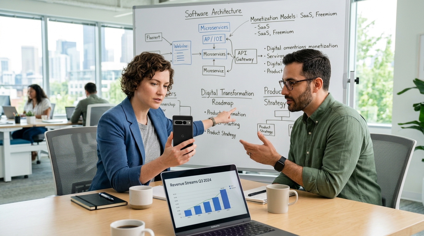 To IT-professionelle hos InApp Studio, der gennemgår softwarearkitektur og monetariseringsmodeller sammen.