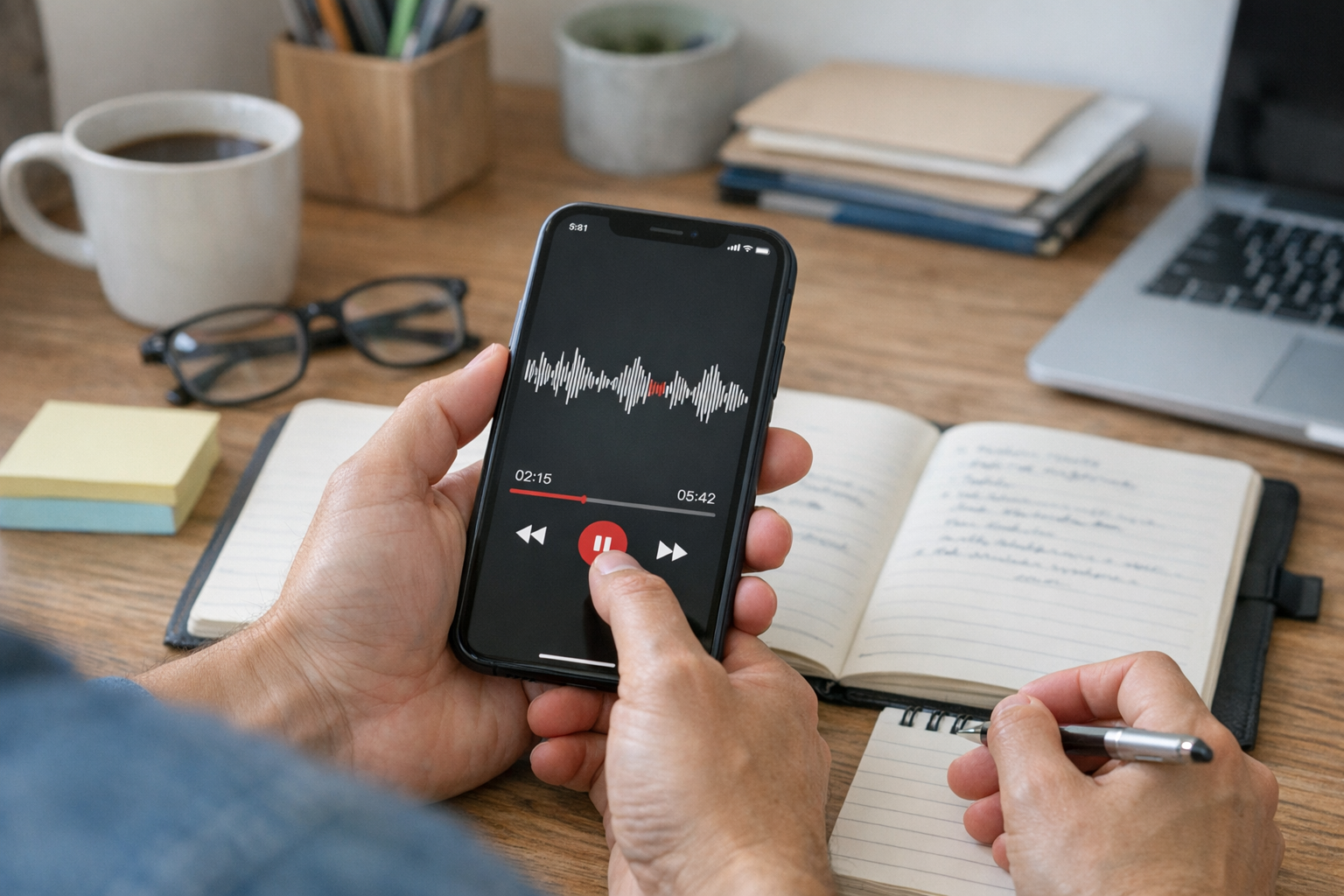A person reviewing a recorded phone conversation on an iPhone while organizing n...