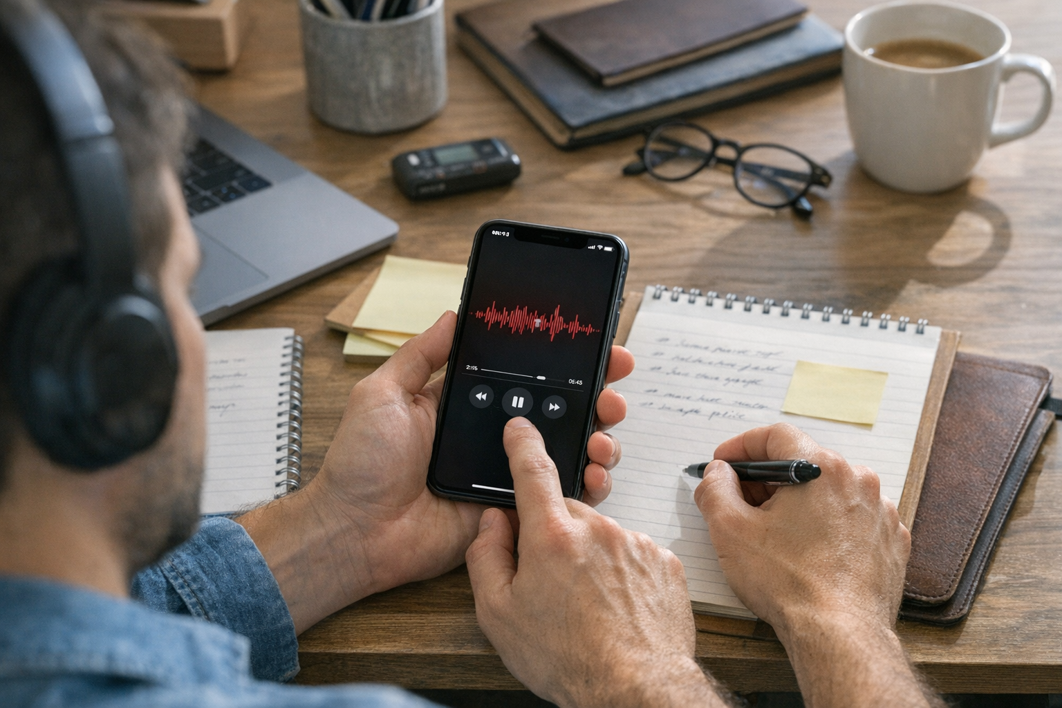 En person, der gennemgår en optaget telefonsamtale på en iPhone, mens vedkommend...