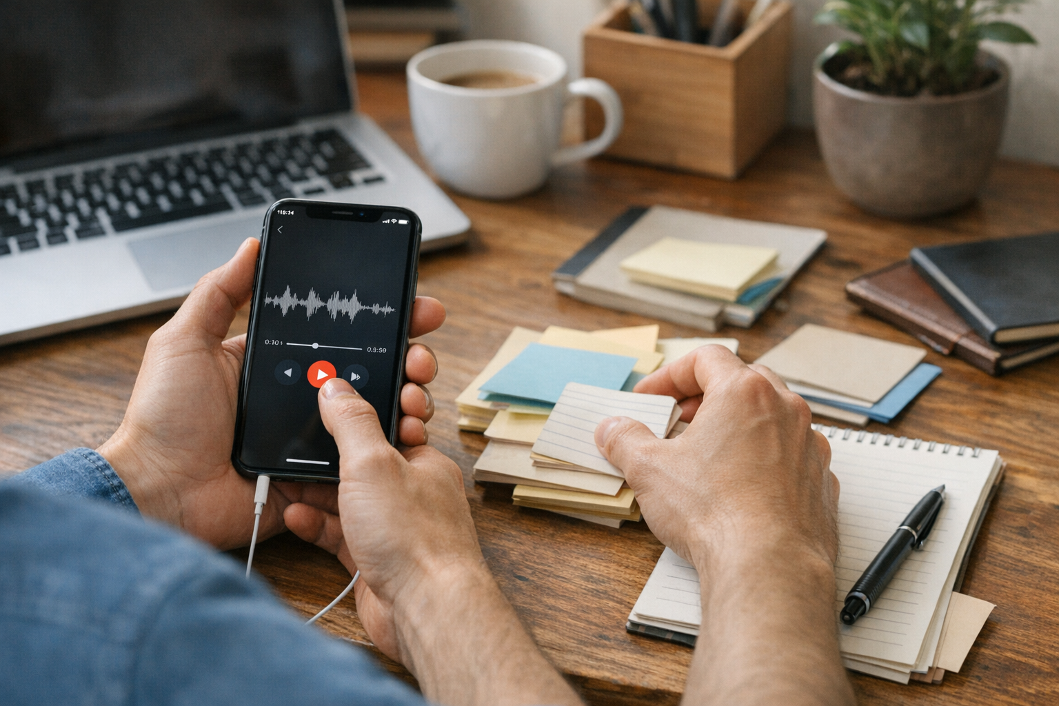 Человек просматривает записанный телефонный разговор на iPhone и одновременно уп...