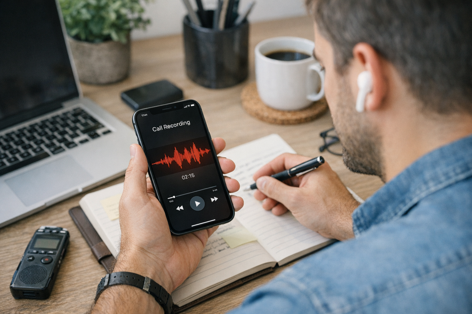 شخص يراجع مكالمة هاتفية مسجلة على iPhone أثناء تنظيم الملاحظات في مساحة عمل مرتب...