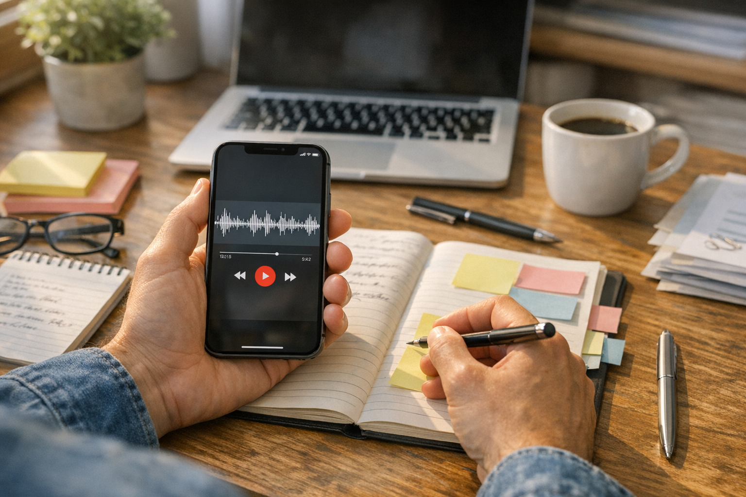 Eine Person überprüft auf einem iPhone ein aufgezeichnetes Telefongespräch und o...