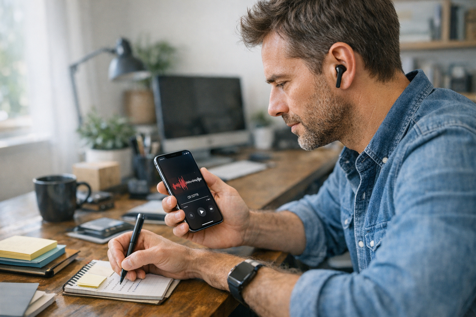 אדם עובר על שיחת טלפון מוקלטת באייפון תוך כדי ארגון הערות בעמדת עבודה מסודרת, מצ...