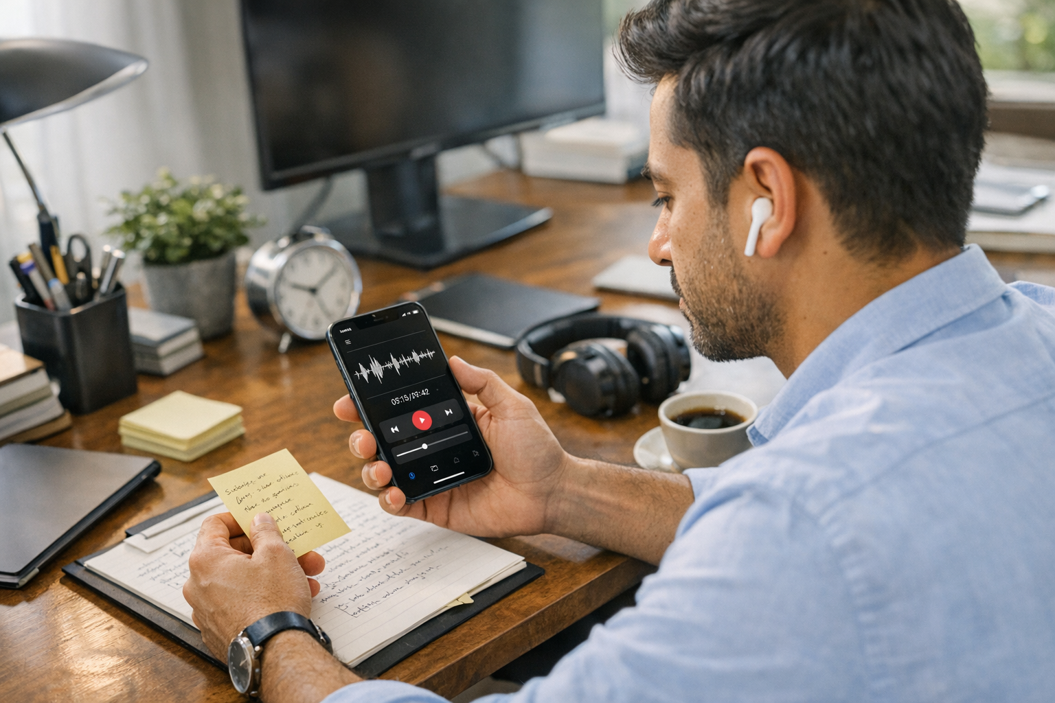 एक व्यक्ति सलीकेदार कार्यस्थल पर नोट्स व्यवस्थित करते हुए iPhone में रिकॉर्ड की ...