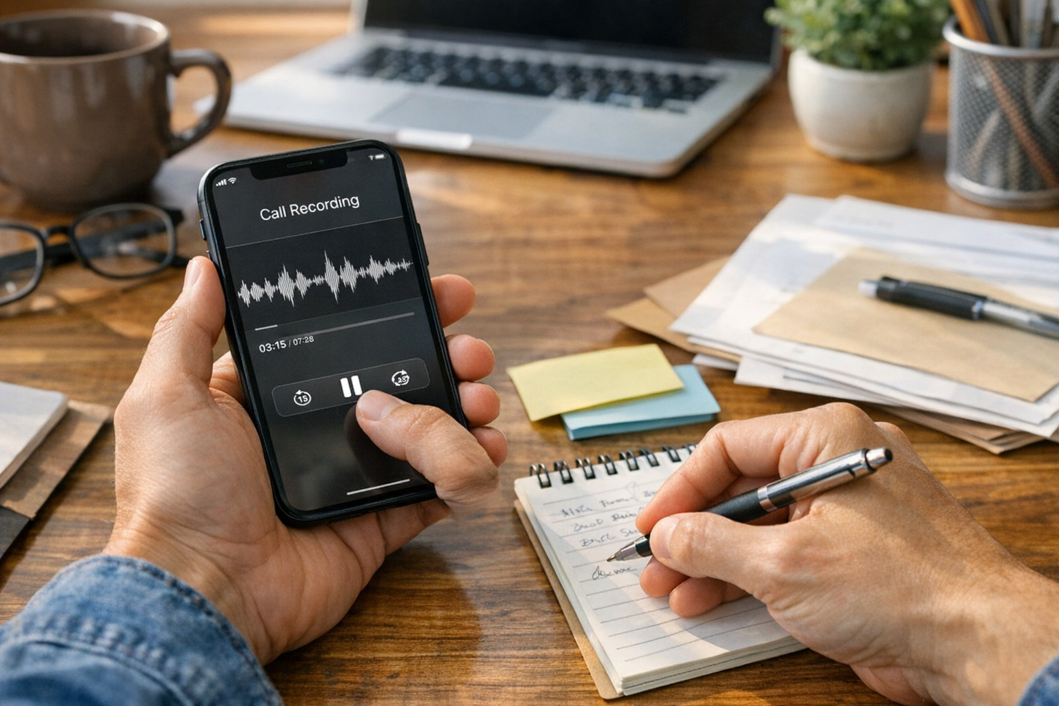 Una persona revisando una conversación telefónica grabada en un iPhone mientras ...