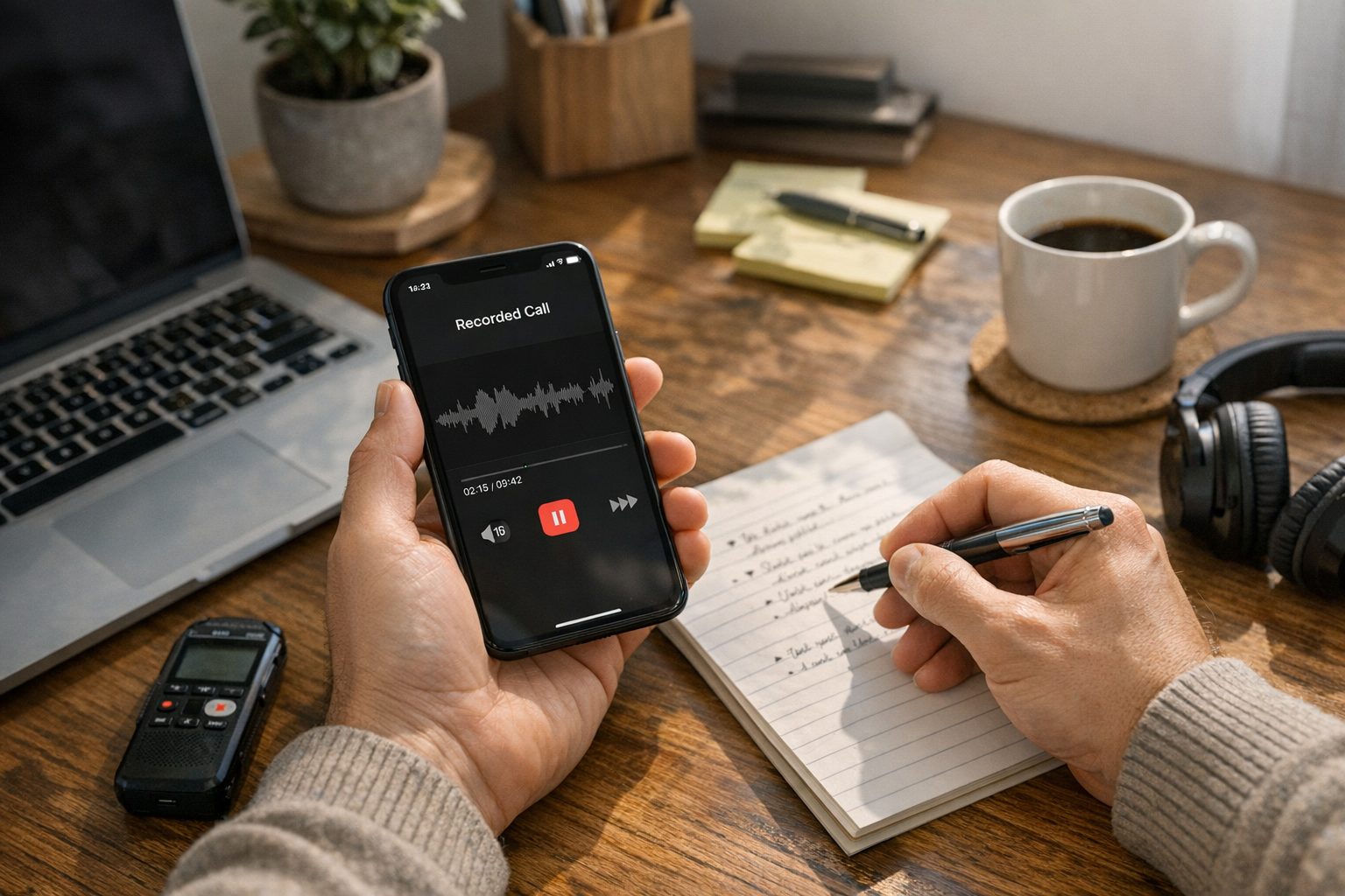 정돈된 작업 공간에서 한 사람이 아이폰으로 녹음된 전화 통화를 검토하며 메모를 정리하는 현실적인 장면, 통화 녹음과 음성 메모 검토의 일상적 활...