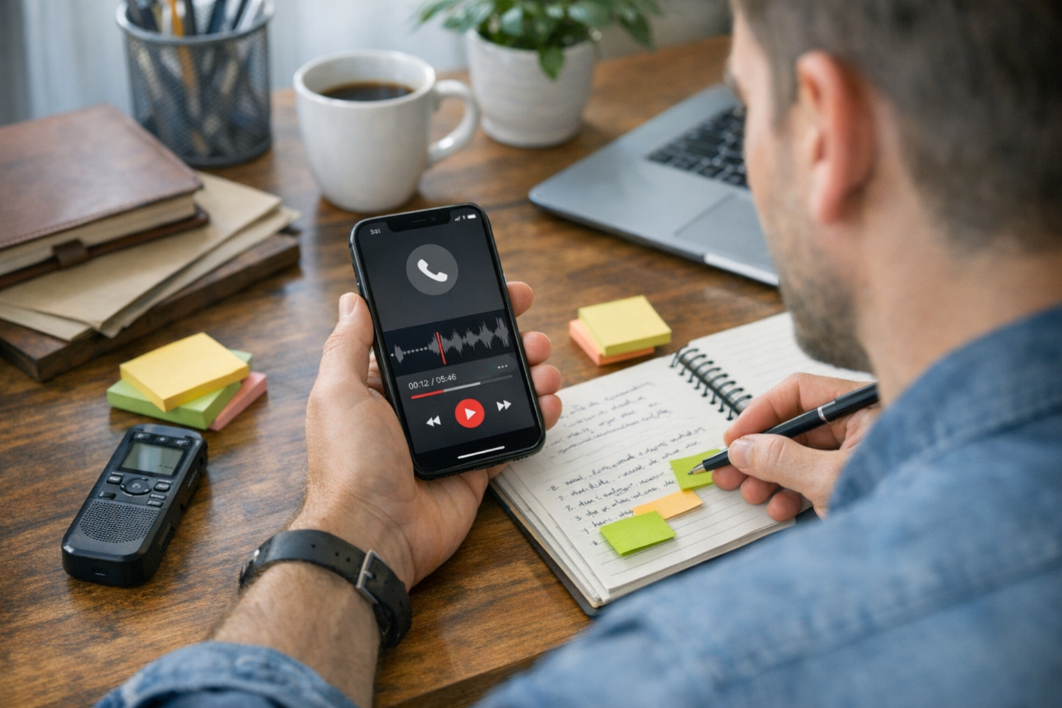 Egy ember rögzített telefonbeszélgetést néz vissza iPhone-on, miközben jegyzetek...