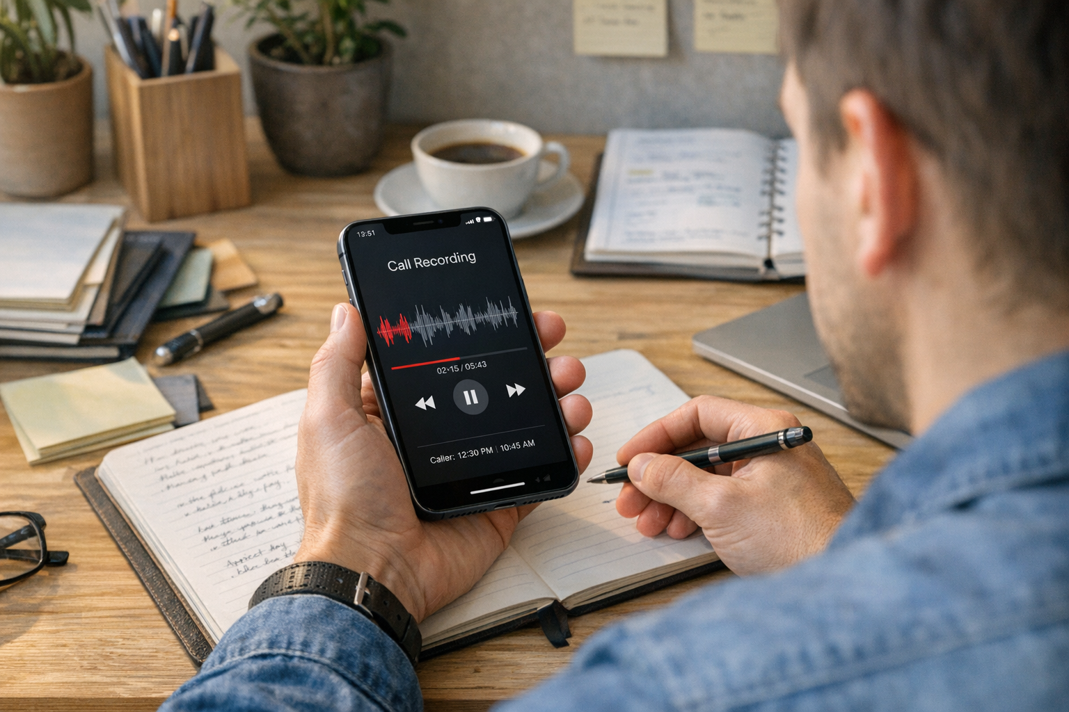 Düzenli bir çalışma alanında notlarını organize ederken iPhone üzerinden kaydedi...