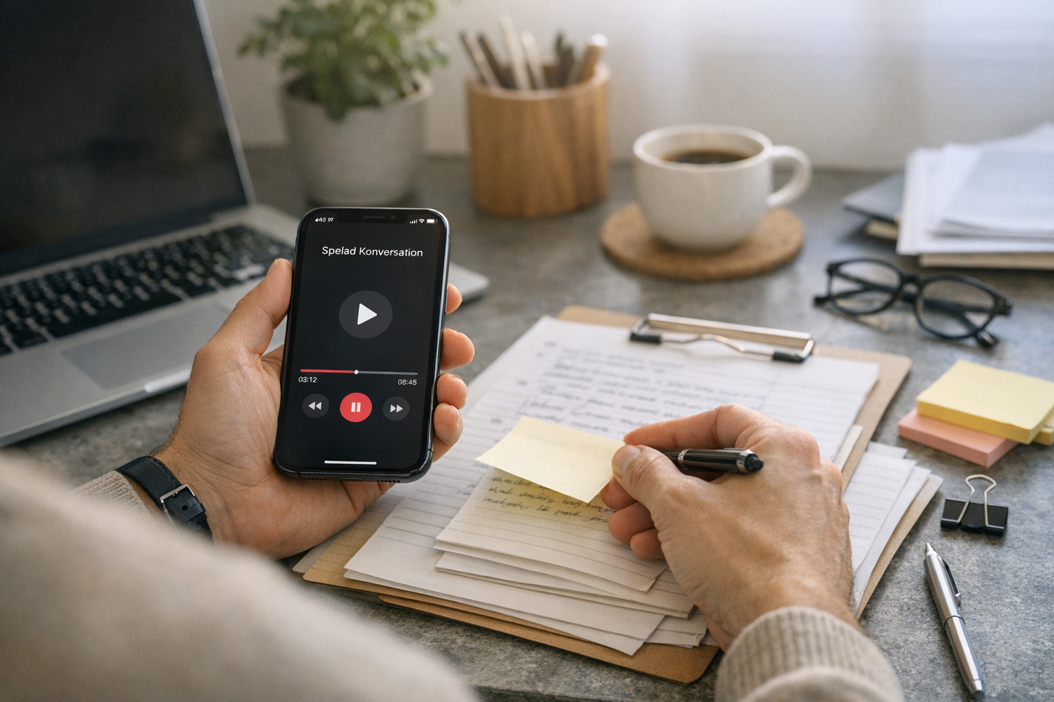 En person som går igenom en inspelad telefonkonversation på en iPhone samtidigt ...