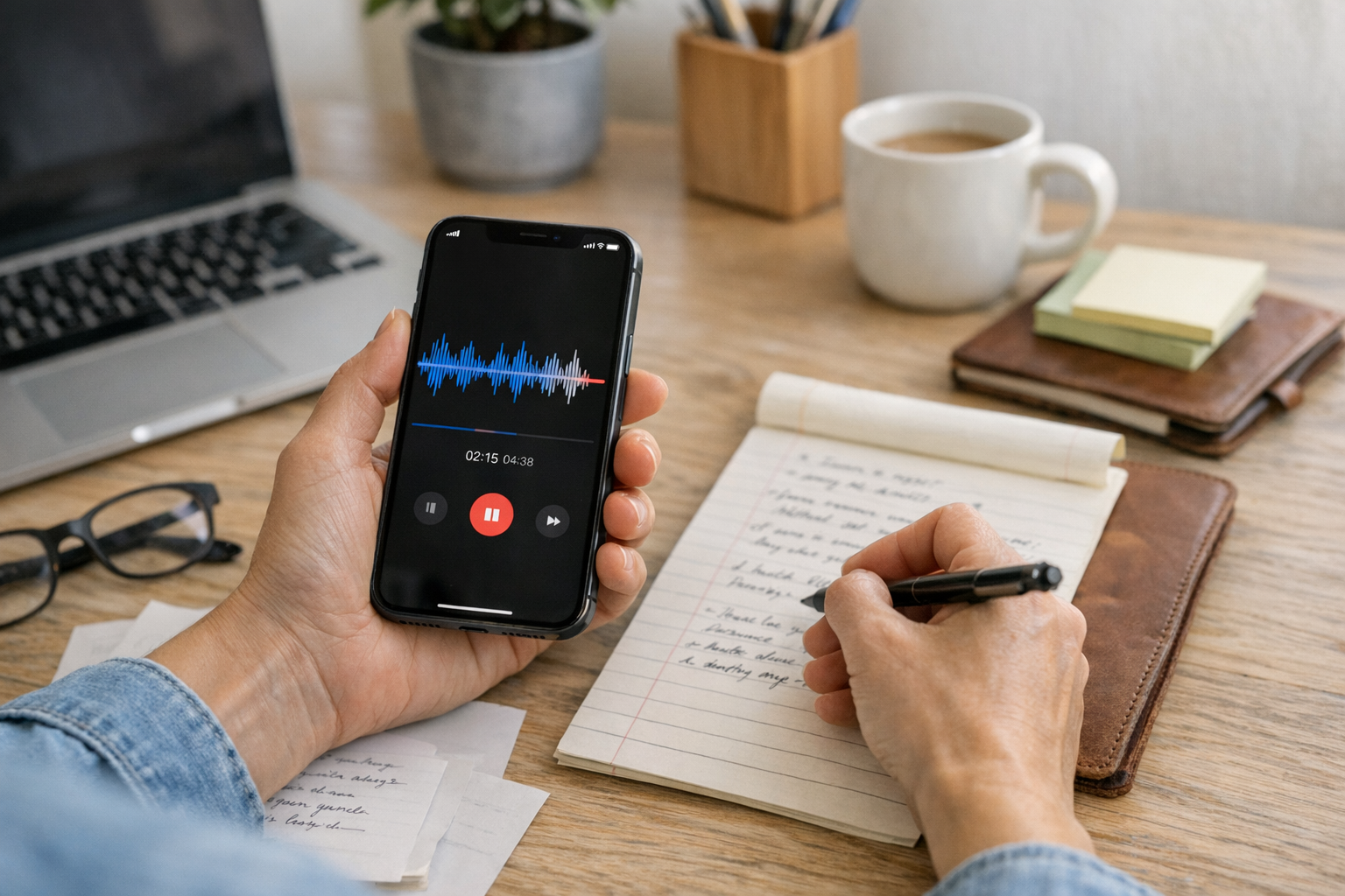 Uma pessoa revisando uma conversa telefônica gravada no iPhone enquanto organiza...