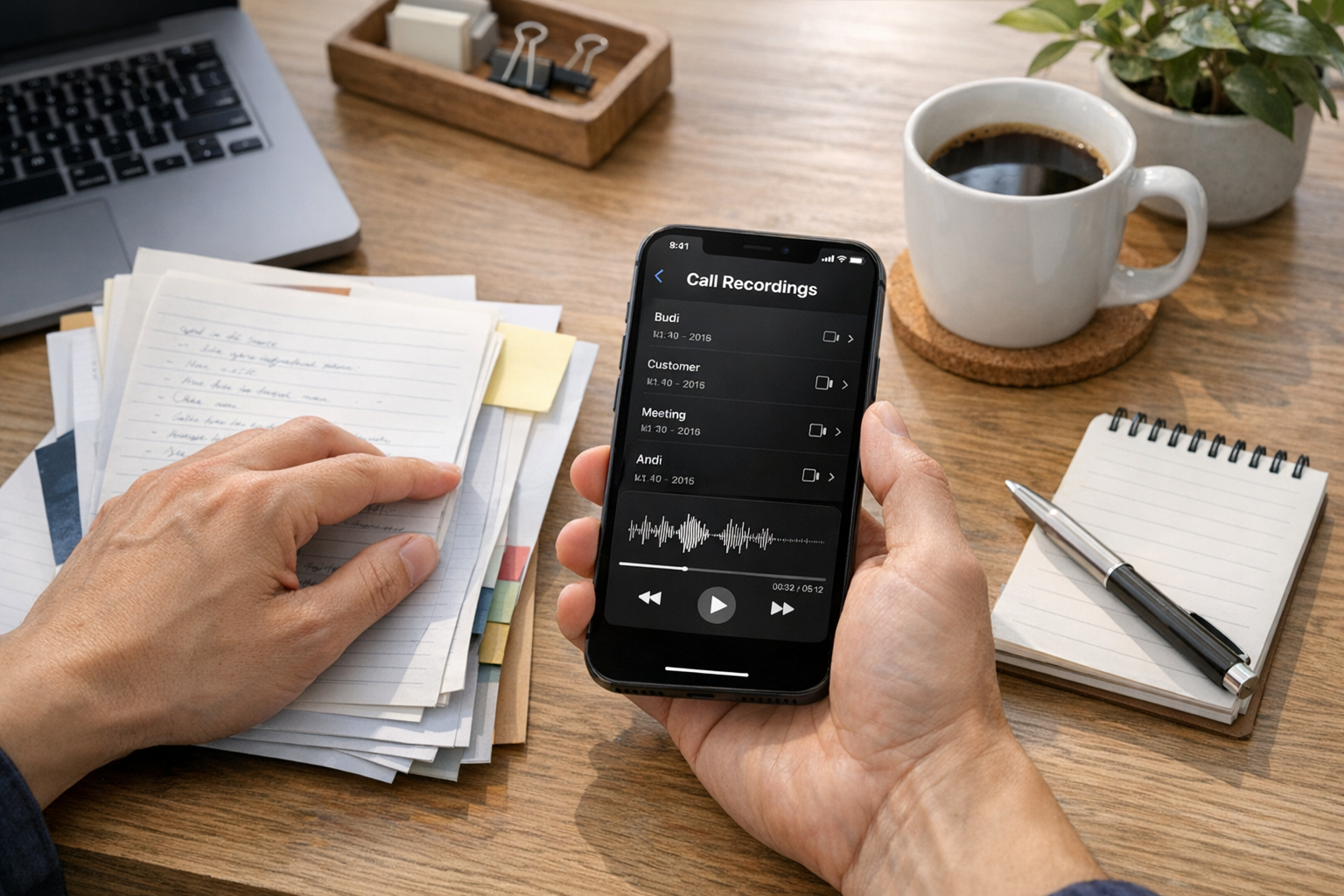 Seseorang meninjau rekaman percakapan telepon di iPhone sambil merapikan catatan...