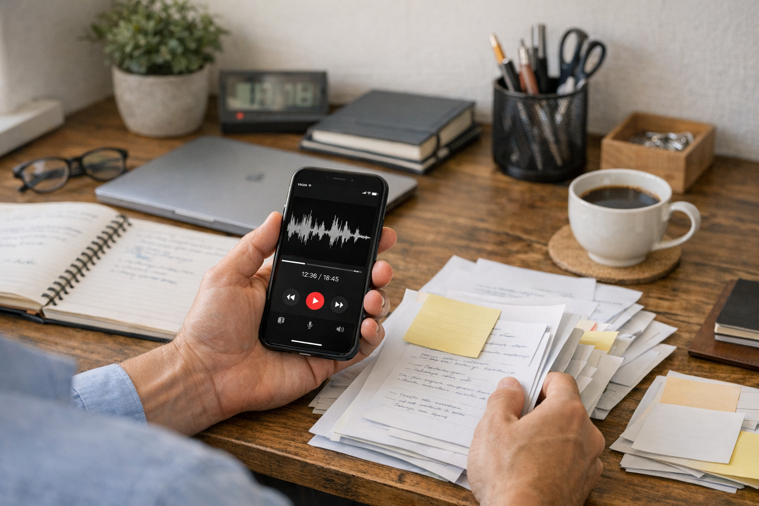 Een persoon die een opgenomen telefoongesprek op een iPhone terugkijkt terwijl d...