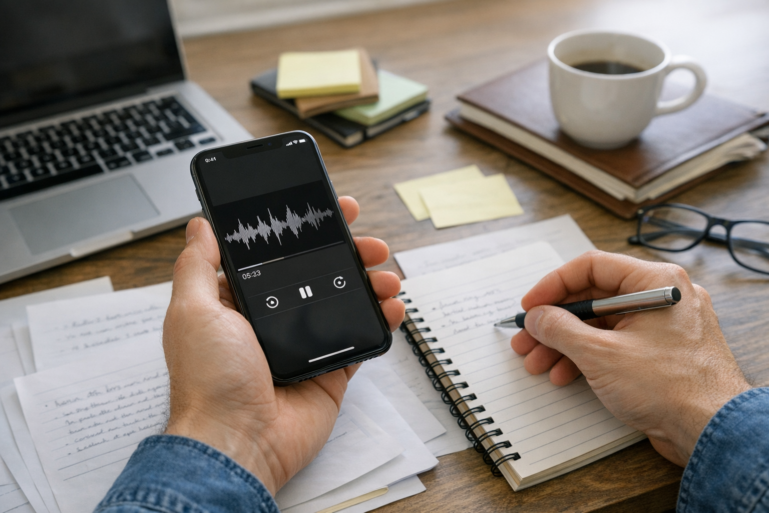 Osoba przeglądająca nagraną rozmowę telefoniczną na iPhonie podczas porządkowani...