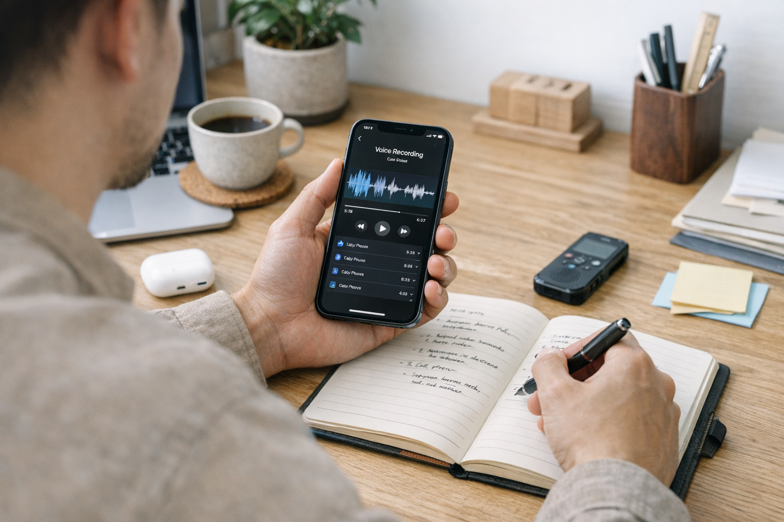 一个人在整洁的工作空间中查看 iPhone 上已录制的通话内容，同时整理笔记，展现通话录音和语音笔记回顾在日常中的实际使用场景，真实自然，自然光，无文字覆盖，无...